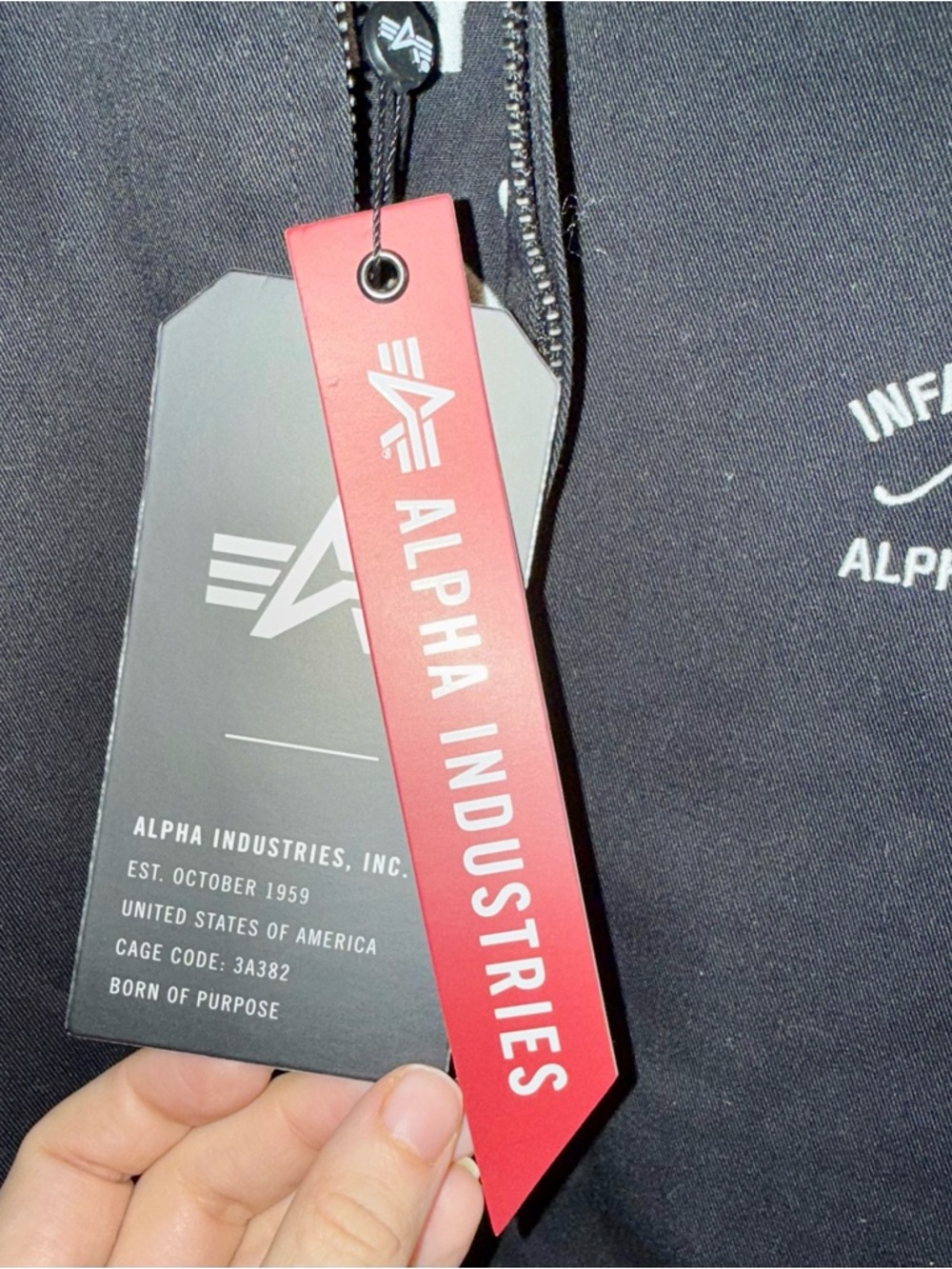 NWT Alpha Industries Black Zip Up Jacket with White Infantry Script Size Large - Picture 5 of 8